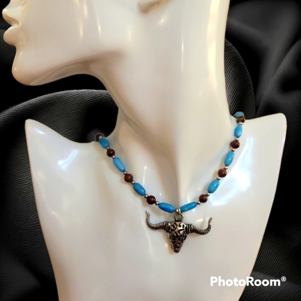 HANDMADE Texas Long Horn Skull Pendant Coral and Jade Beaded Western Necklace